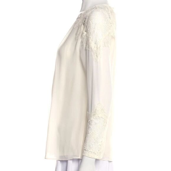 ALICE + OLIVIA Ivory Danyelle Lace Detail Bateau Neckline Sleeve Silk Blouse - Picture 9 of 11